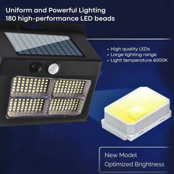 Proiectoar solar cu 180 LED-uri. IP 65, 3 moduri, unghi de iluminare de 240°, senzor miscare, set 2 buc [4]