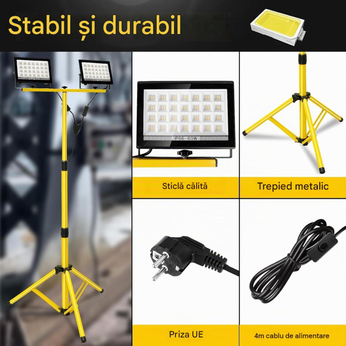 Proiector LED 2x60W, 11000 lm, trepied reglabil 77,5-169,5 cm, 6000K IP66 cablu 4m – Alb rece [7]