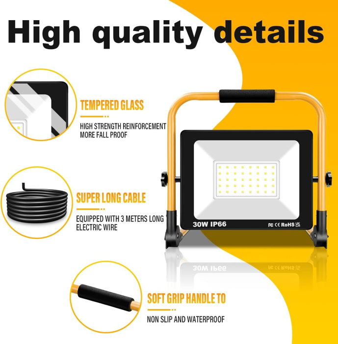 Proiector constructii cu suport, LED 30W 3000LM 6000K IP66 rotativă 360°, cablu 3 m [4]