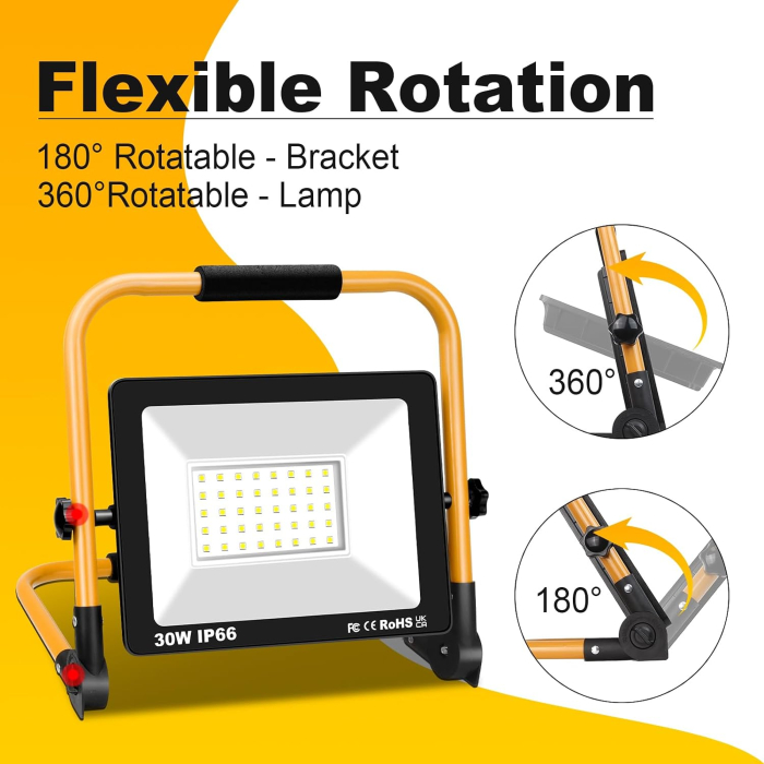 Proiector constructii cu suport, LED 30W 3000LM 6000K IP66 rotativă 360°, cablu 3 m [3]