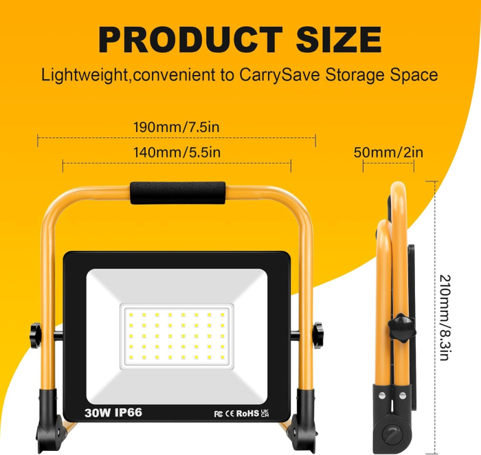 Proiector constructii cu suport, LED 30W 3000LM 6000K IP66 rotativă 360°, cablu 3 m [2]