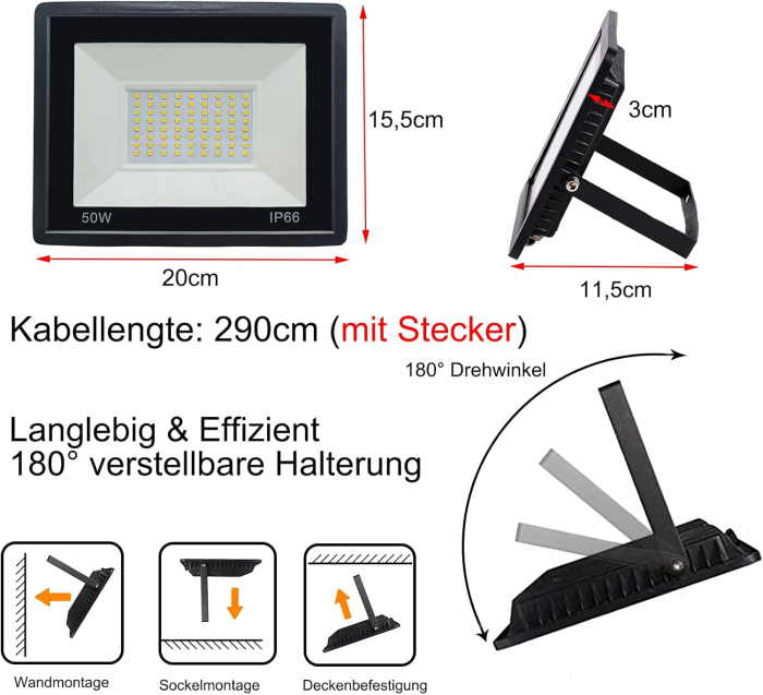 Proiector constructii cu suport, cablu 3 M, 4250Lm, 50W, impermeabil IP66 [2]