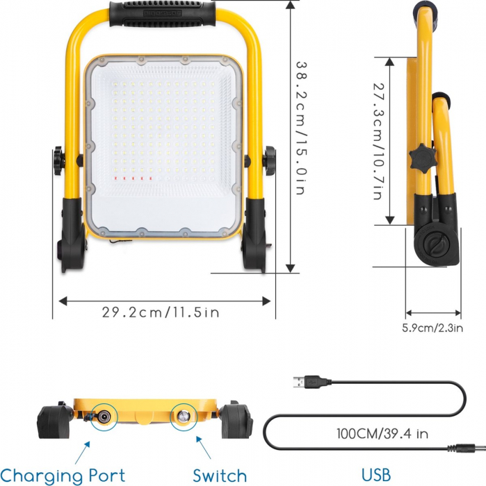 Proiector de constructii LED, reincarcabil USB, 100W, 6500K, 2400Lm [2]