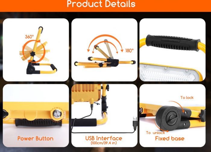 Proiector de constructii LED, reincarcabil USB, 100W, 6500K, 2400Lm [3]