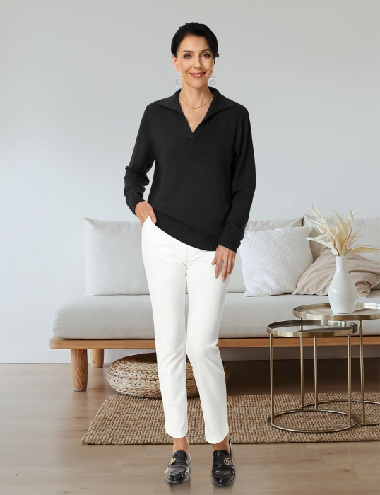 Bluza lejera, pulover tricotat, cu guler in "V" pentru femei, negru, marime XL [9]