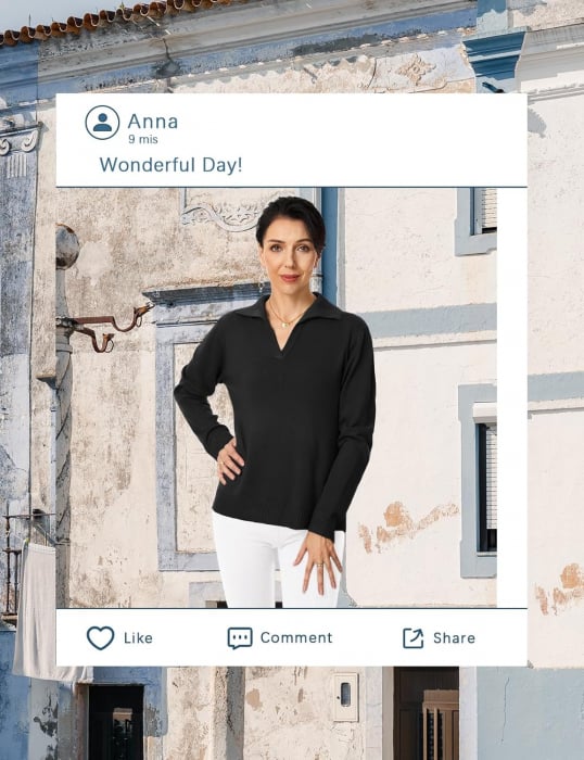 Bluza lejera, pulover tricotat, cu guler in "V" pentru femei, negru, marime S [7]