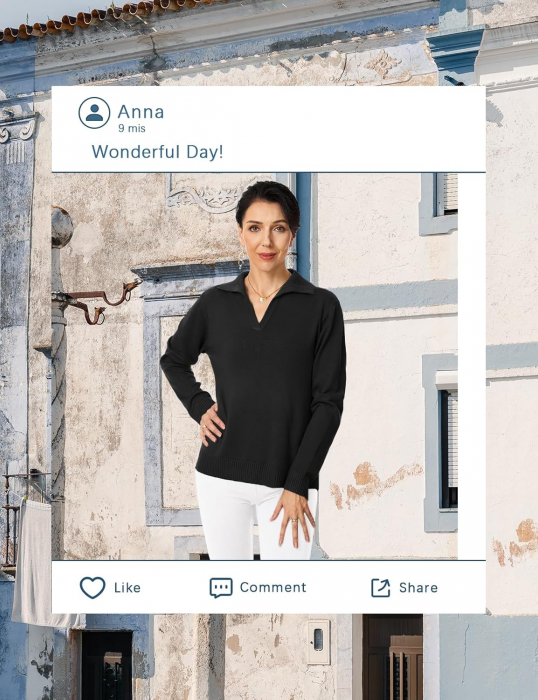 Bluza lejera, pulover tricotat, cu guler in "V" pentru femei, negru, marime XL [7]