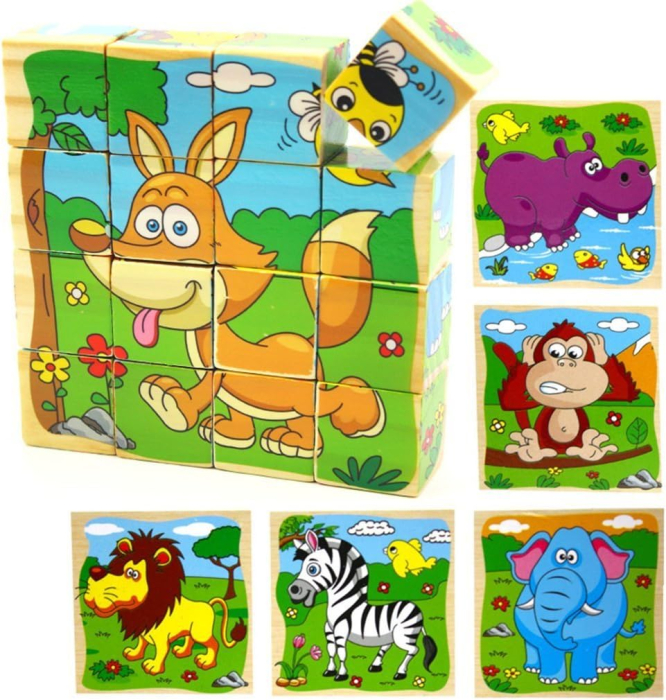 Puzzle pe cuburi de lemn, 6 imagini desene animate [1]