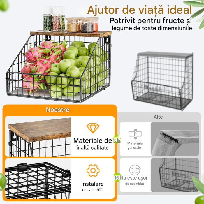 Cos metalic de depozitare fructe si legume, suspendabil, polita lemn si accesorii fixare [8]