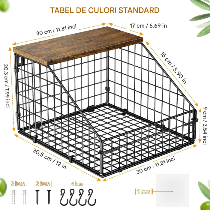 Cos metalic de depozitare fructe si legume, suspendabil, polita lemn si accesorii fixare [2]