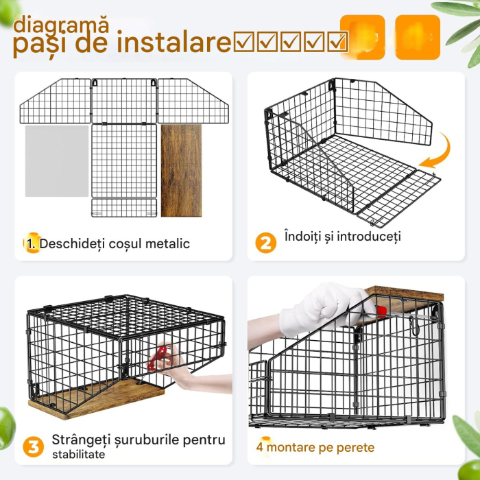 Cos metalic de depozitare fructe si legume, suspendabil, polita lemn si accesorii fixare [3]