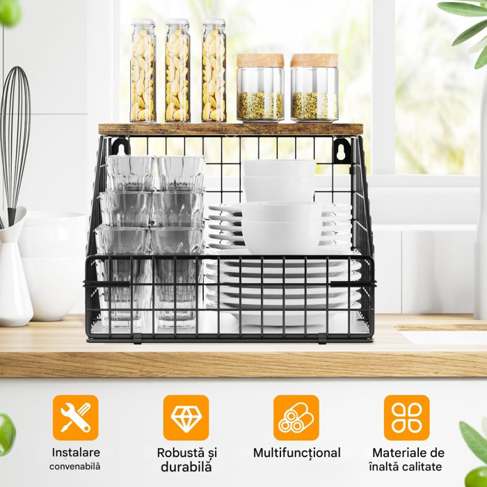 Cos metalic de depozitare fructe si legume, suspendabil, polita lemn si accesorii fixare [5]