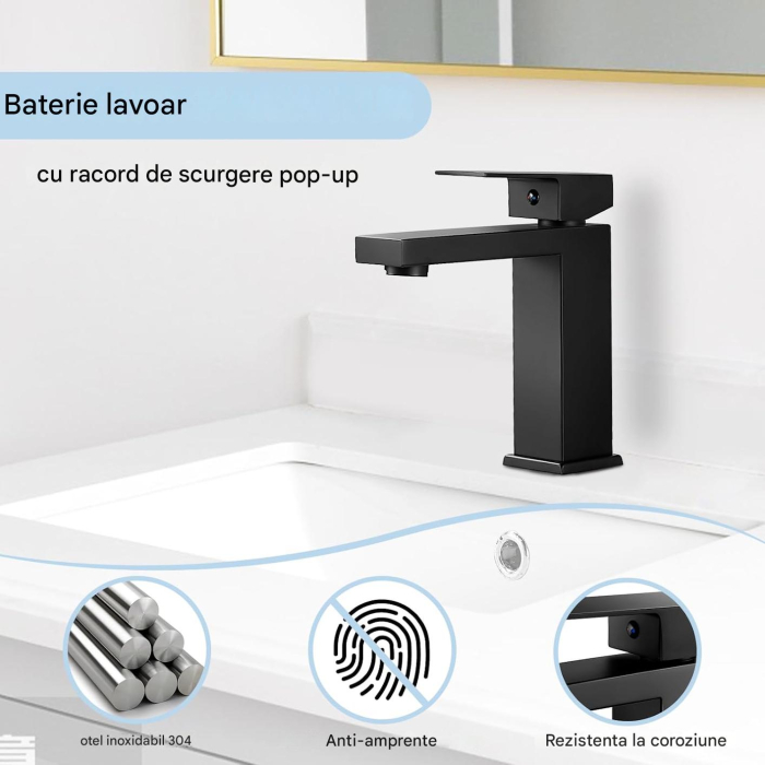 Robinet de chiuveta baie negru patrat set cu scurgere pop-up [7]