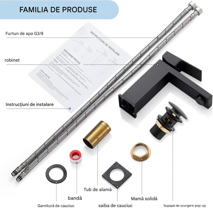 Robinet de chiuveta baie negru patrat ZGARIAT set cu scurgere pop-up [8]