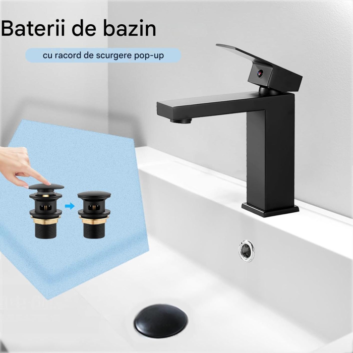 Robinet de chiuveta baie negru patrat set cu scurgere pop-up [3]