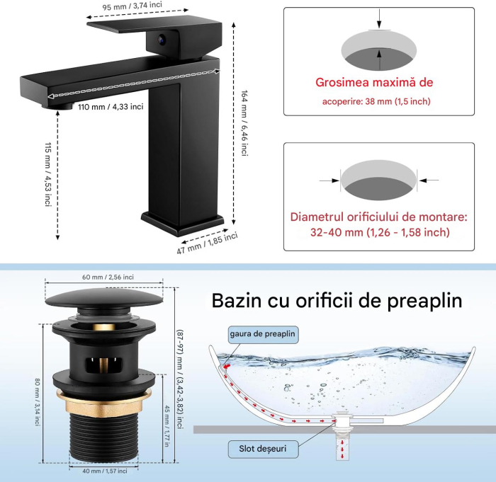 Robinet de chiuveta baie negru patrat set cu scurgere pop-up [2]