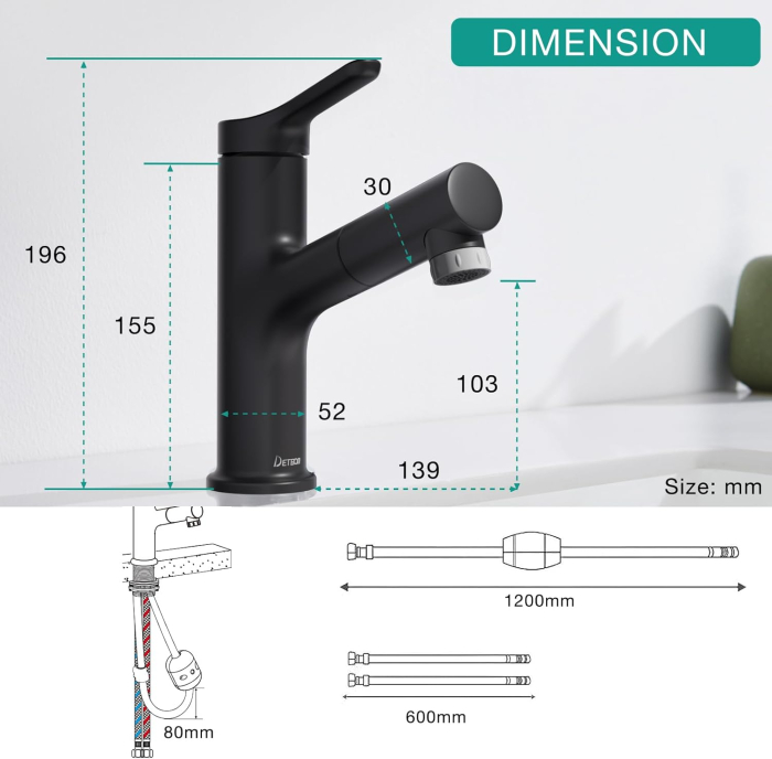 Robinet extensibil pentru lavoar baie, negru, rotund, inaltime 19.6 cm [6]