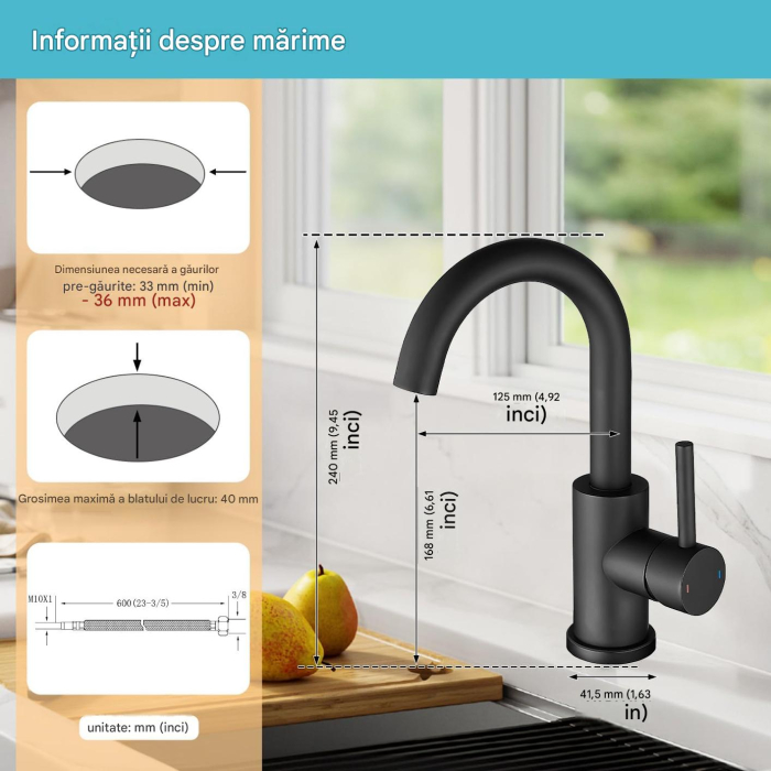 Robinet lavoar rotativ 360 de grade pentru baie negru, rotund, inaltime 24 cm [7]