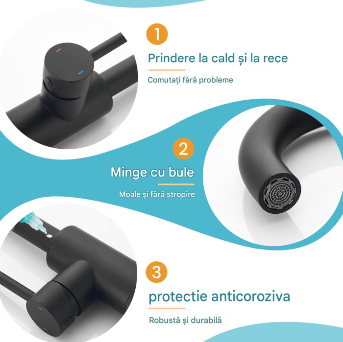 Robinet lavoar rotativ 360 de grade pentru baie negru, rotund, inaltime 24 cm [5]