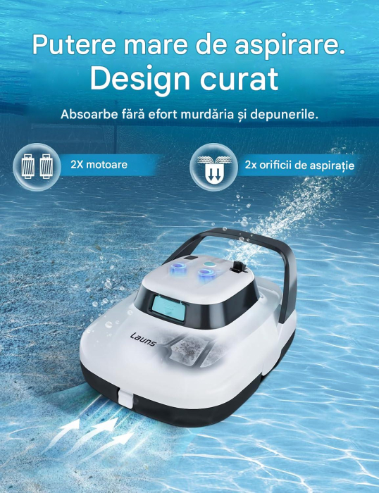Robot Curățare Piscină LAUNS S1, Fără Fir, 2 Motoare, Autonomie 90 min, Încărcare 2,5 Ore, până la 74 m² [2]