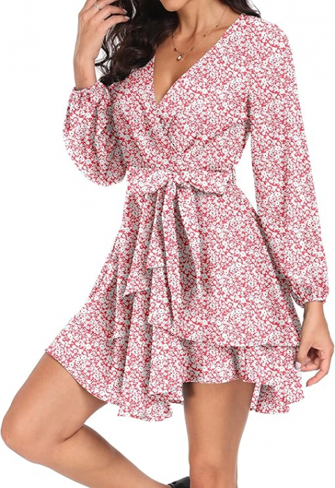 Rochie alba cu flori rosii, deasupra la genunchi, maneci lungi, marimea L [3]