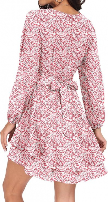 Rochie alba cu flori rosii, deasupra la genunchi, maneci lungi, marimea L [5]