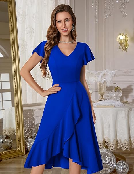 Rochie albastra eleganta de vara,lungime peste genunchi, decolteu in V, fermoar ascuns pe spate, L [3]