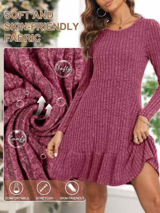 Rochie rosie casual deasupra la genunchi, vaporoasa, maneci lungi 2XL [4]