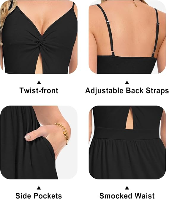 Rochie Lungă de Vară AUSELILY, Bretele Subțiri, Decolteu în V, Buzunare, XL [6]