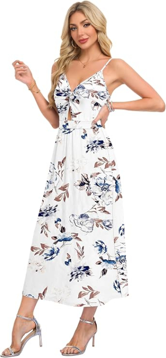 Rochie Lungă de Vară AUSELILY, Bretele Subțiri, Decolteu în V, Buzunare, XL [3]
