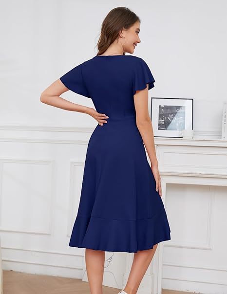 Rochie albastra eleganta de vara,lungime peste genunchi, decolteu in V, fermoar ascuns pe spate, XL [2]