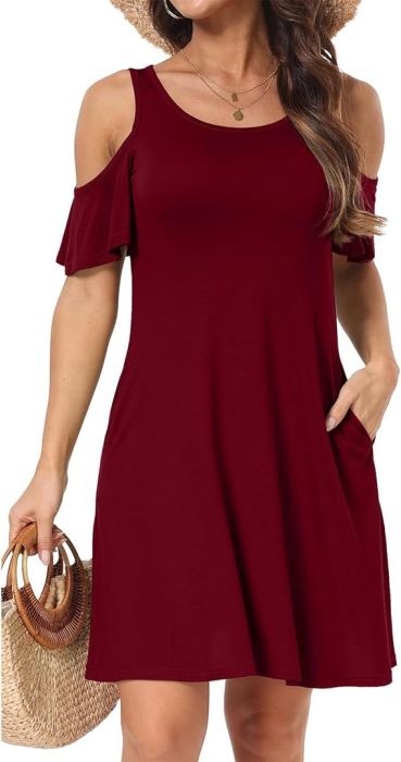 Rochie rosie casual lejera, umerii goi, buzunare, L [3]