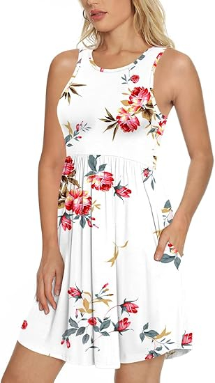 Rochie casual lejera pentru femei, peste genunchi, alba cu flori 2XL [2]