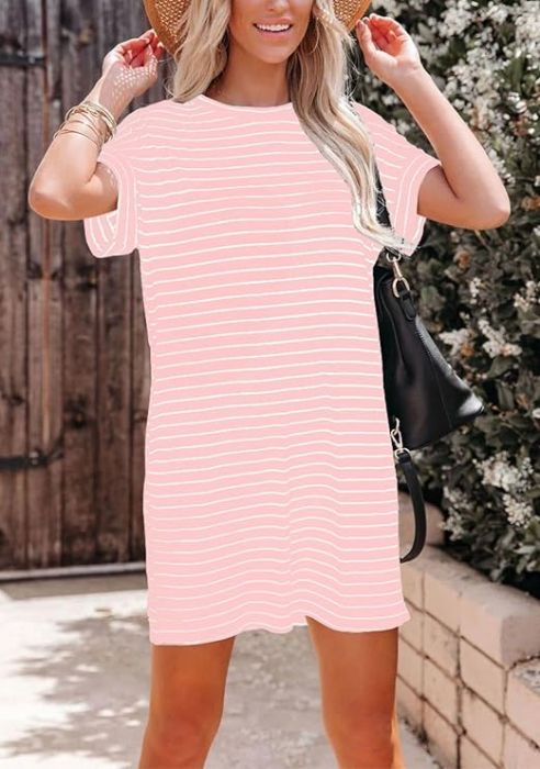 Rochie casual pentru femei deasupra la genunchi, mâneci scurte, Roz 2XL [2]