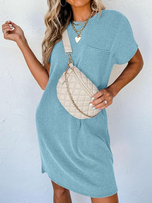 Rochie casual pentru femei deasupra la genunchi, mâneci scurte, buzunar la piept S bleu [2]