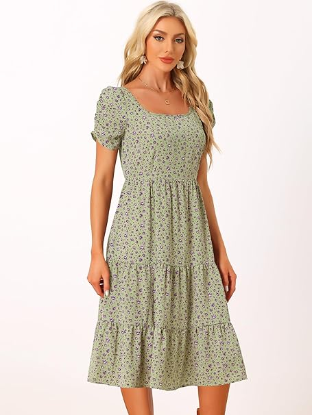Rochie casual pentru femei peste genunchi, verde cu flori S [2]