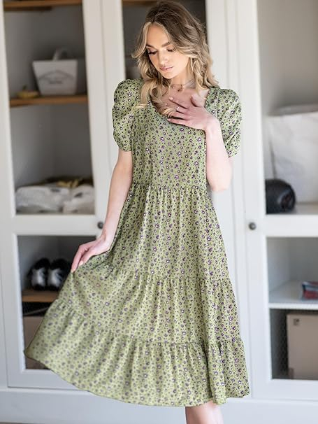 Rochie casual pentru femei peste genunchi, verde cu flori S [3]