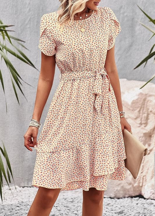 Rochie casual peste genunchi, vaporoasa, de zi cu zi, maneci scurte, decolteu rotund, alba XL [3]