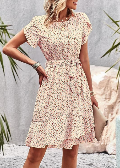 Rochie casual peste genunchi, vaporoasa, de zi cu zi, maneci scurte, decolteu rotund, alba S [2]