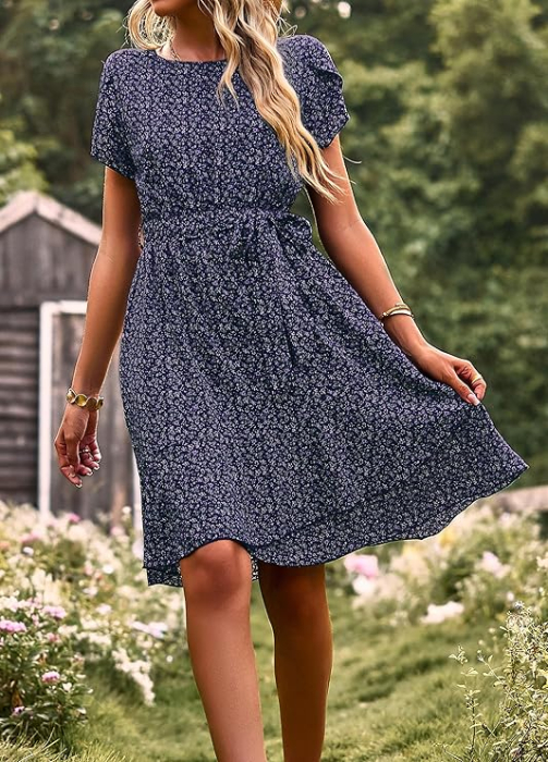 Rochie casual peste genunchi, vaporoasa, de zi cu zi, maneci scurte, decolteu rotund, negru S [5]