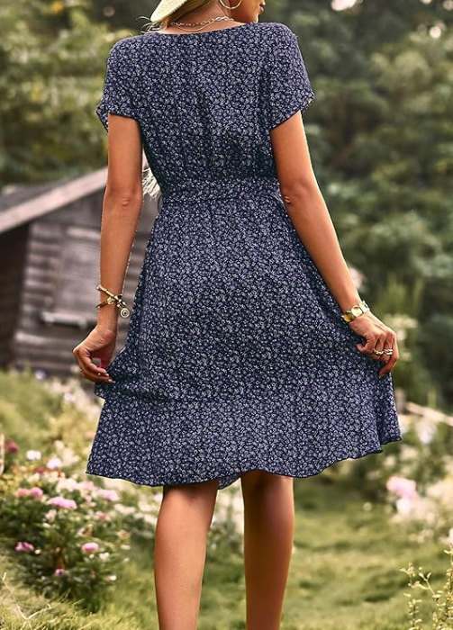 Rochie casual peste genunchi, vaporoasa, de zi cu zi, maneci scurte, decolteu rotund, negru L [4]