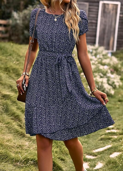 Rochie casual peste genunchi, vaporoasa, de zi cu zi, maneci scurte, decolteu rotund, negru S [3]