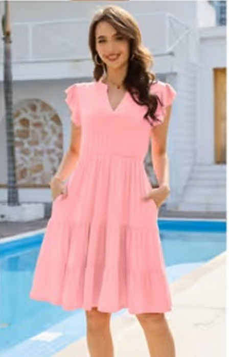 Rochie casual peste genunchi, vaporoasa, fara umeri, Roz L [2]