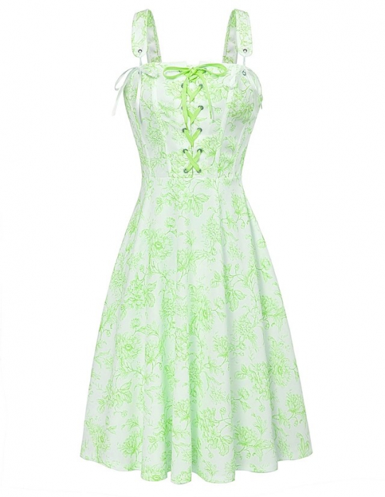Rochie casual racoroasa, peste genunchi, fara maneci, stransa in talie, alba cu flori verzi 2XL [1]
