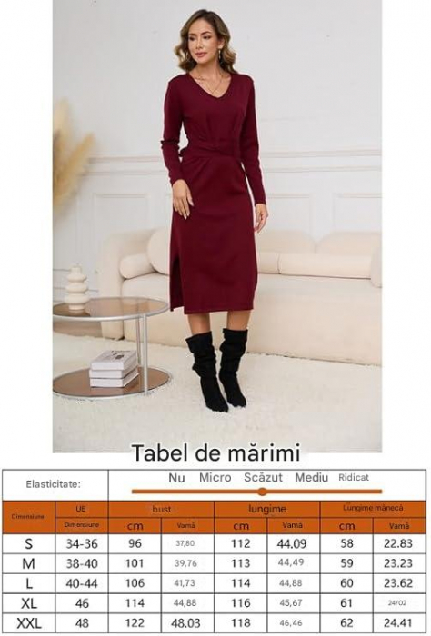 Rochie casual tricotata pentru femei peste genunchi, mâneci lungi, neagra, L [7]