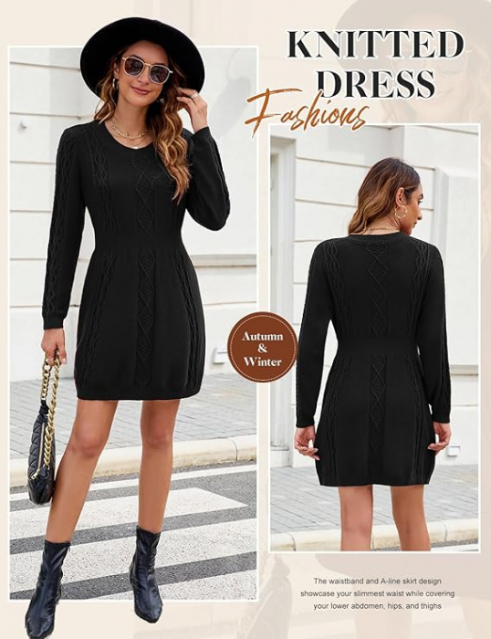 Rochie casual tricotata pentru femei deasupra la genunchi, mâneci lungi, neagra, M [3]