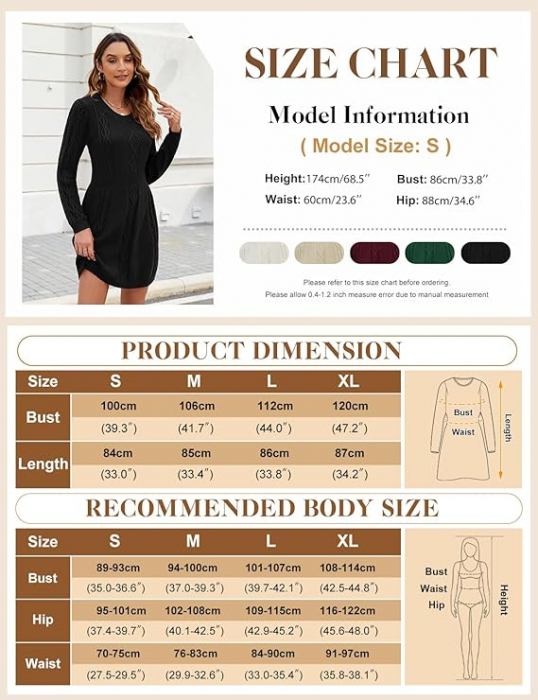 Rochie casual tricotata pentru femei deasupra la genunchi, mâneci lungi, neagra, M [6]