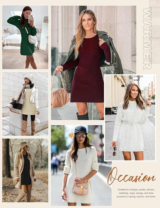 Rochie casual tricotata pentru femei deasupra la genunchi, mâneci lungi, neagra, M [5]