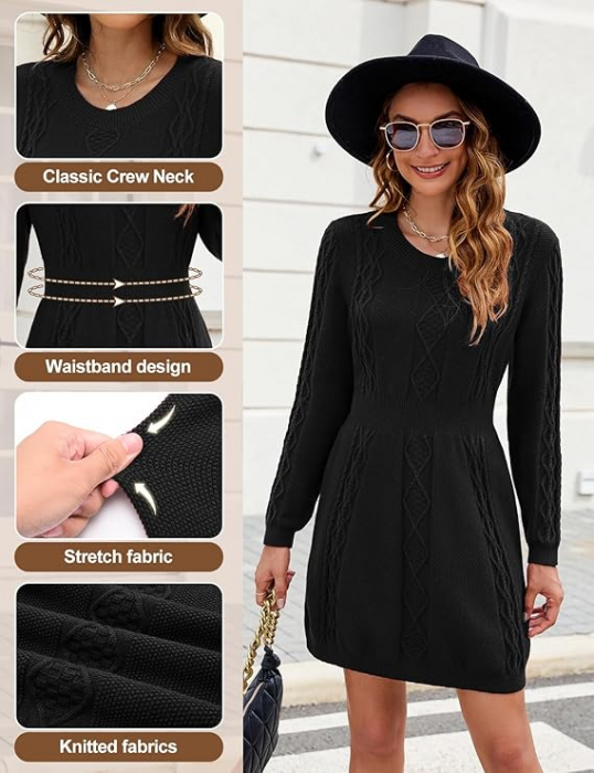 Rochie casual tricotata pentru femei deasupra la genunchi, mâneci lungi, neagra, M [2]
