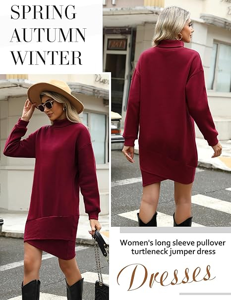 Rochie casual tricotata pentru femei deasupra la genunchi, mâneci lungi, rosie, L [3]